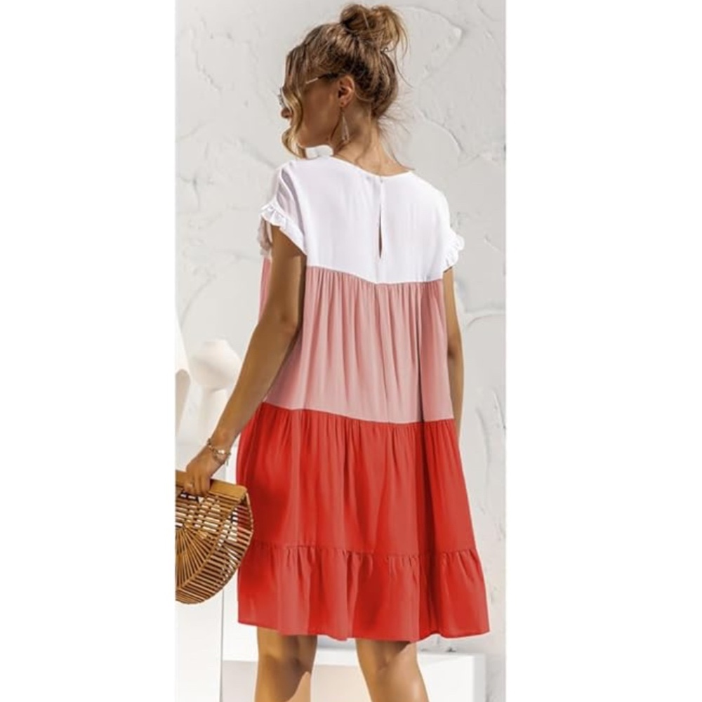 TRENDSI | Color Block Round Neck Ruffle Hem Dress - Picture 4 of 9